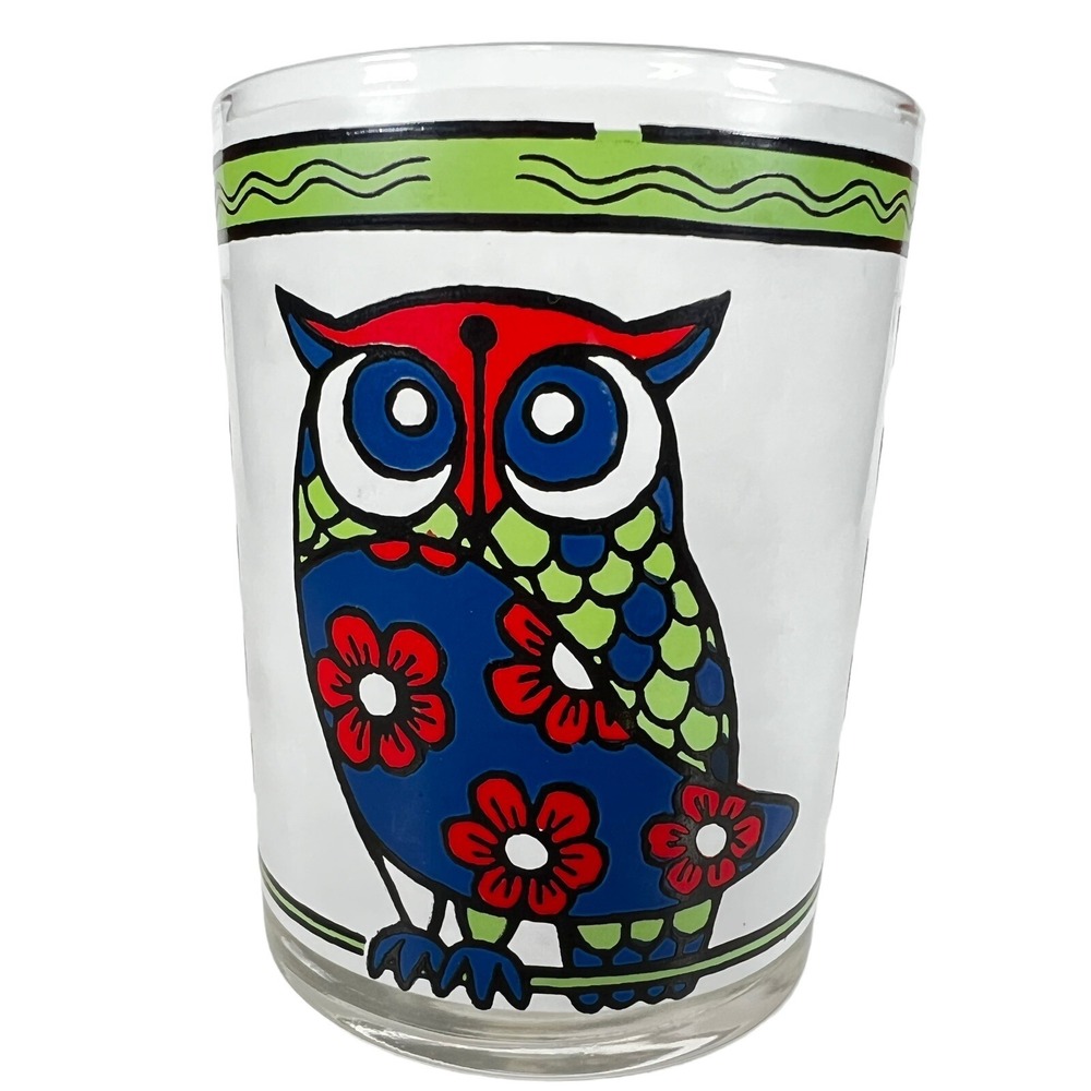 Vintage Cera Owl Glass Tumblers MCM Mid Century Modern Barware White Frosted